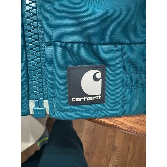 vtg carhartt fleece lined‎ full zip aqua jacket with company logo unsized - Picture 4 of 11